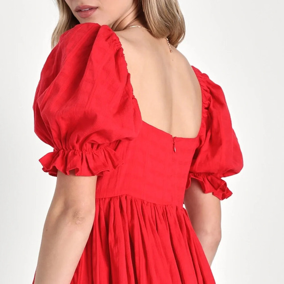 Lulu’s A Day in Paris Red Square Neck Puff Sleeve Babydoll Dress - Picture 2 of 8